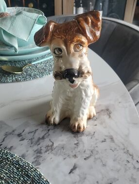 Ceramic Brown and White Dog Figurine - Decorative Pet Statue